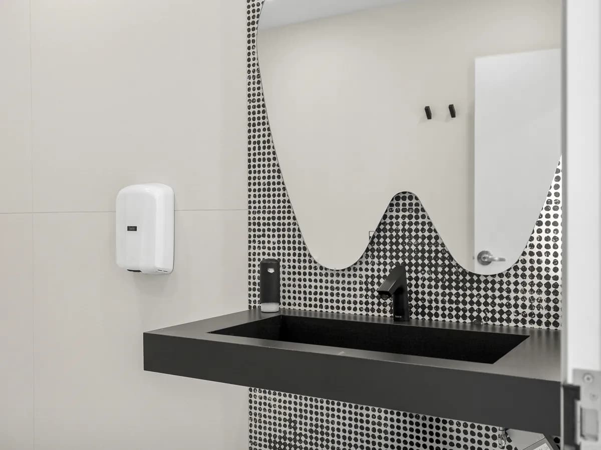 The tooth-shaped mirror above a black basin in the washroom